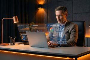 Profissional analisando estratégias de marketing digital para empresas com gráficos de SEO, Google Meu Negócio e tráfego pago em ambiente corporativo moderno.