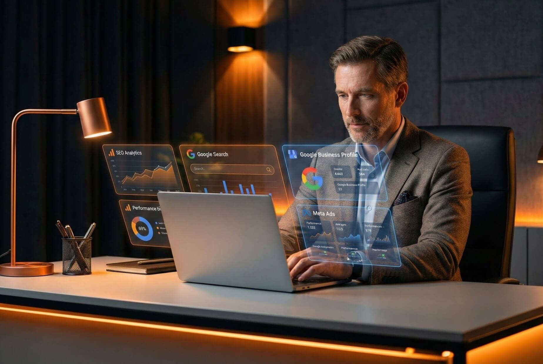 Profissional analisando estratégias de marketing digital para empresas com gráficos de SEO, Google Meu Negócio e tráfego pago em ambiente corporativo moderno.